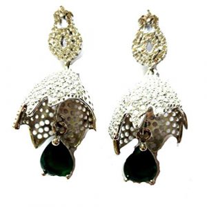 Anniversary Gift 925 Sterling Silver Green Emerald/Panna and White Cubic Zirconia Stone Jhumki Style Dangle Earring for Girls & Women-SS GS 1447