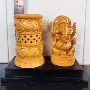 Wooden Ganesha Statue Plus Pen Stand or Flower Holder / Pen Holder Flower vase Desk Organizers Showpiece for Office and Home Decor Corporate Gift