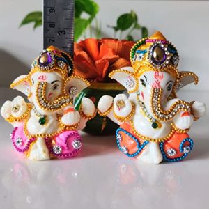 Breeze Handicrafts Polyresin Ganesha Statue for Car Dashboard Idol Showpiece Ganesh with Kundan Stone Work (Set of 2)