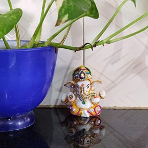 Breeze Handicrafts Polyresin Ganesha Idols for Car Dashboard Small Statue Showpiece Ganesh with Kundan Stone Work with Golden Mukut