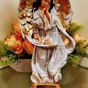 Breeze Handicrafts Imported Poly Resin Idol of Guardian Angel Statue Christian Religious Decoration Showpiece for Home Grotto Medium Size Silver White[1]