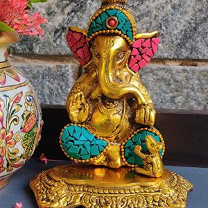 Breeze Handicrafts Metal Shri Ganesha Idol Showpiece Ganpati Statue with Rajasthan Stone Work Shree Ganesh Murti for Home Decor Height 6 inch