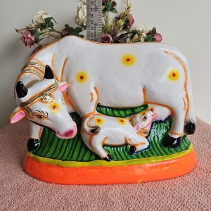 Cow and Calf Figurine, Handmade Paper Mache komata Dolls for Navratri Showpiece for puja Room Statue pasumadu White Color